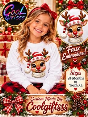 Christmas Reindeer Girls T-Shirt Faux Embroidered  Crochet Holiday Tee New
